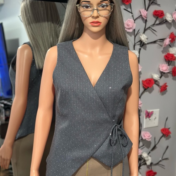 White House Black Market Tops - White House Black Market Charcoal Pinstripe Wrap Tie Vests Sz S/M